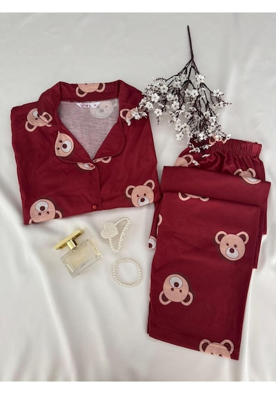 Mh Moony Homewears 2'li Bordo Ayıcık Pijama Takımı Bordo Renk