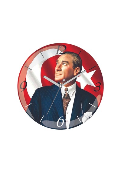 Atatürk Arkada Bayrak Çap 30cm Sessiz Akar Bombeli Gerçek Cam Duvar Saati Siyah