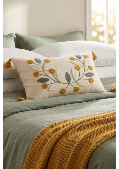 Tomurcuk Botanik Dal Ve Yaprak Motifli Punch Nakışlı Püsküllü Pamuk Kırlent Kılıfı 35x55 Cm Sarı
