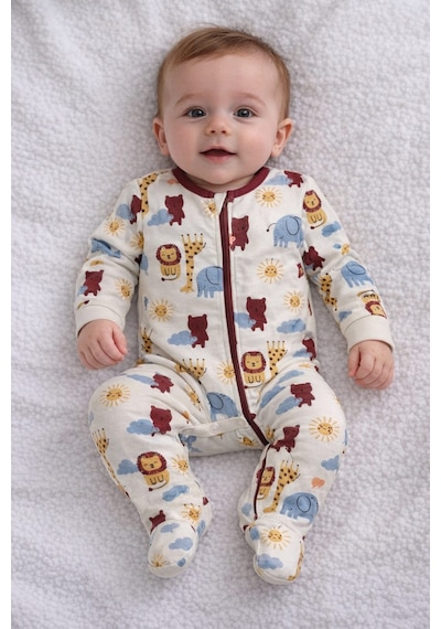 Baby Desenli Fermuarlı Tulum Krem