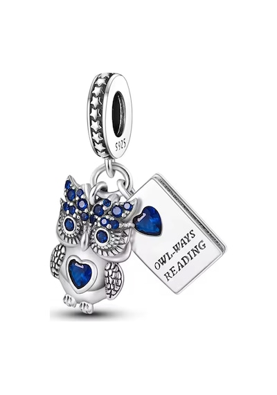 Mavi Taşlı Baykuş Ve Kitabı Sallantılı Charm Gümüş