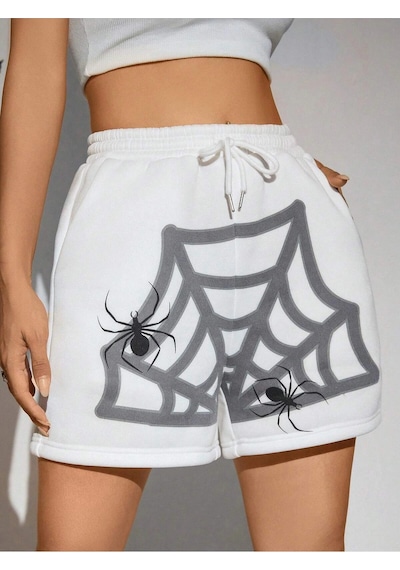 Punk Halloween Spider Web Print Drawstring Waist Şort Beyaz