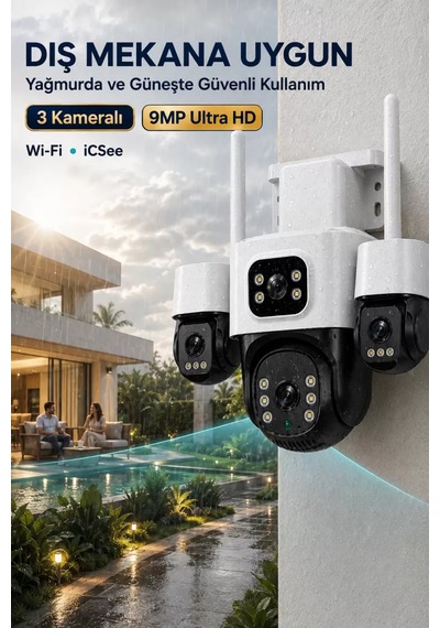 İcsee 9001 9mp 3 Lens Wifi Güvenlik Kamerası, Motorlu Gece Görüşlü Dış Mekan Kamera, 32gb Kart Ve Adaptör