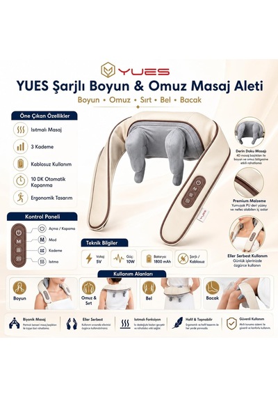 Yues Şarjlı Boyun Omuz Masaj Aleti, Isıtmalı Kablosuz 4d Masaj Cihazı, 3 Kademe Masaj Seçeneği, 1800 Mah Batarya, Sırt Bel Bacak Kullanımına Uygun