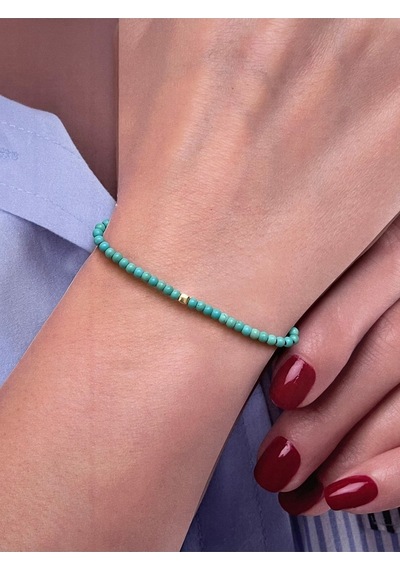 14 Ayar Firuze Doğal Taşlı Kare, Küp Tasarım Altın Bileklik Pembe - Turuncu