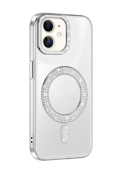 Apple Uyumlu iPhone 11 Kılıf Pırlanta Taş Tasarımlı M-safe Şarj Özellikli Zore Karetta Silikon Kapak Gümüş