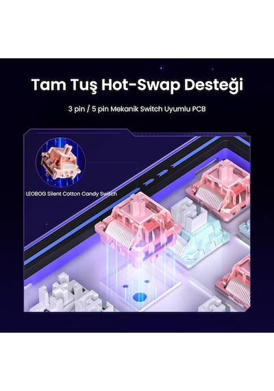 Leobog Amg65 Mekanik Gaming Oyuncu Klavyesi Led Matrix Ekranlı Silent Cotton Candy Switch Rgb Hot Swap Siyah