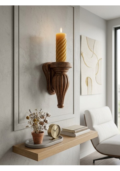 Ahşap Oymalı Dekoratif Duvar Apliği & Mumluk 21x13 Cm - El Yapımı Otantik Duvar Şamdanı Eskitme