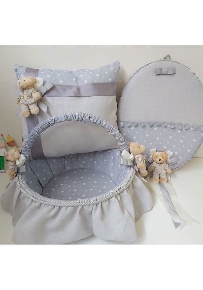 3 Lü Set Erkek Bebek Odası Süsleme Ayıcıklı Kapı Süsü Yastık Sep Çok Renkli