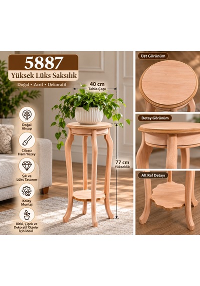 Gees Global 5887 Yüksek Lüks Saksılık 77 Cm Cilasız Ham Ahşap Dekoratif Çiçeklik Standı, Boyanabilir Yuvarlak Saksı Sehpası 40x40x77 Cm Gbzs