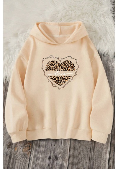 Uyguntarz Kalp Baskılı Erkek - Kız Çocuk Rahat Kalıp Sweatshirt Bej