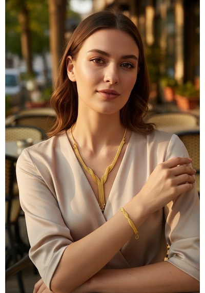 Altın Kazze Model Sarmaşık Gerdanlık Seti Bileklik + Gerdanlık