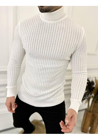 Kazak Slim Fit Tüylenmez Naturel Pamuk Triko Boğazlı Balıkçı Yaka Kazak Beyaz