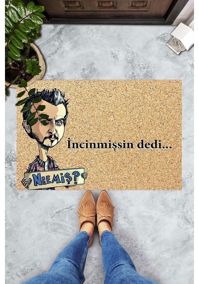 Theclouds Dijital Baskılı İncinmişssin Desi Yazılı Mecnun Dekoratif Kapı Önü Paspası, Mavi-krem-kahve Çok Renkli