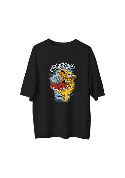 Paybuy Erkek Oversize Tişört %100 Pamuk Baskılı Vintage Canavar Tasarımı Siyah