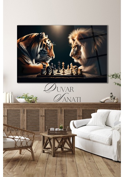 Aslan Ve Kaplan Satranç Cam Tablo Evlika Modern Ev Ofis Salon Hediyelik Büyük Tablo Duvar Dekoru