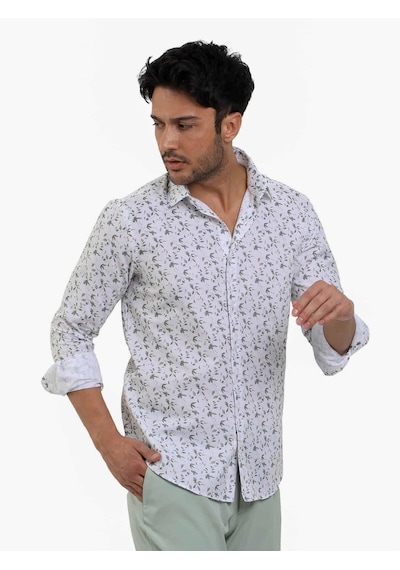 Dufy Yeşil Erkek Slim Fit Çiçek Desenli Brent Yaka Uzun Kol Gömlek - 104785-yeşil Yeşil
