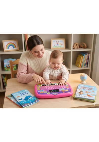 Eğitici Piyanolu Sesli Işıklı Led Ekranlı İngilizce Türkçe 26 Kelime Çocuk Bilgisayarı Pembe