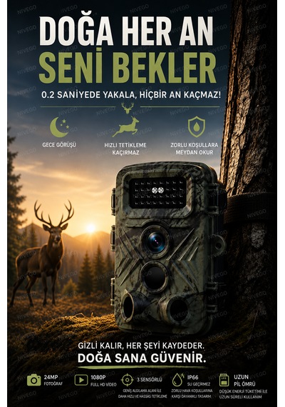 Nvg Fotokapan 24MP 1080P Full HD Gece Görüşlü 3 Sensörlü IP66 Su Geçirmez Hızlı Tetikleme 120° Geniş Algılama Açısı