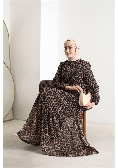 Neşeli Butik Kadın Kemerli Leopar Desenli Tesettür Şifon Elbise Sms014 Siyah