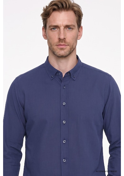 AC&Co / Altınyıldız Classics Erkek LACI Tailored Slim Fit Dar Kesim Düğmeli Yaka %100 Pamuk Gömlek Lacivert