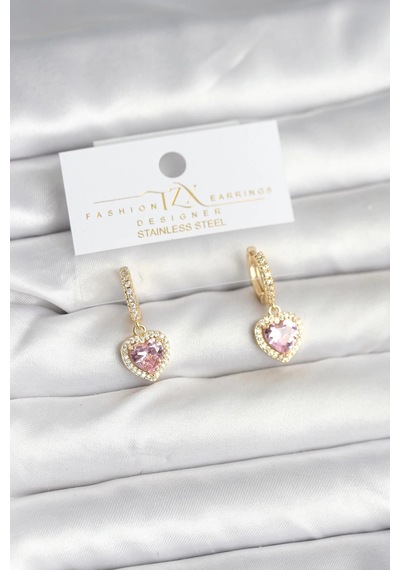Pirinç Gold Pembe Renk Zirkon Taşlı Model Kadın Küpe Çok Renkli