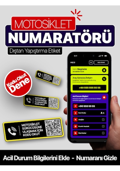 2'li Paket - Motosiklet Numaratörü - Dıştan Yapıştırma - Qr Kodlu Numaratör Yatay Etiket Sarı Siyah