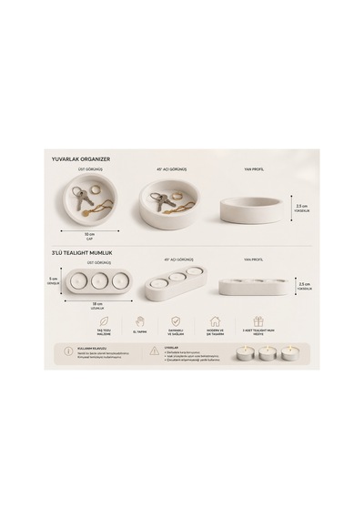 Taş Tozu Dekoratif Organizer Ve 3'lü Tealight Mumluk Seti Takılık, Anahtarlık, Ev Dekoru 3 Adet Tealight Mum Hediyeli Beyaz - 902046077 Beyaz - 902046077