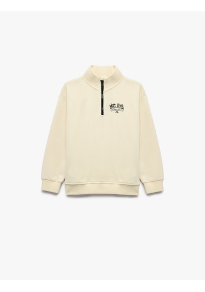 Koton Baskılı Fermuarlı Uzun Kollu Dik Yaka Sweatshirt Bej 7wkb10295tk Ekru