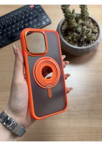 Apple Uyumlu iPhone 15 Pro Max Standlı Ve Yüzüklü Magsafe Kılıf Soocase721 Turuncu