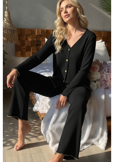 Epilons Zenviaatt2 Premium Kadın Fitilli Pijama Takımı Siyah Gold Biye Detaylı, Yumuşak Dokulu Ev Şıklığı Zenvi312