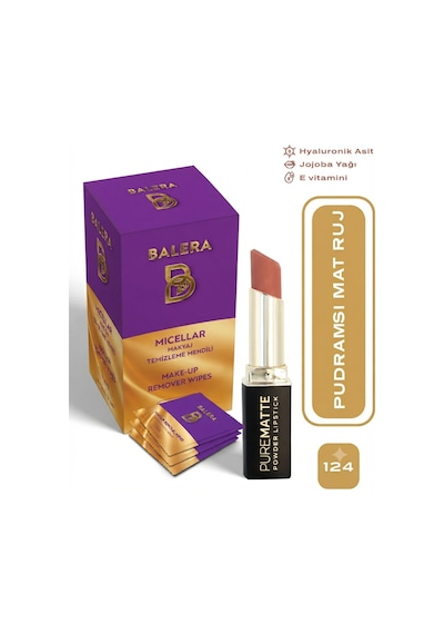 Pure Matte Powder Lipstick No: 124 - Nemlendirici Pudramsı Mat Ruj Makyaj Temizleme Mendili Hediyeli 0