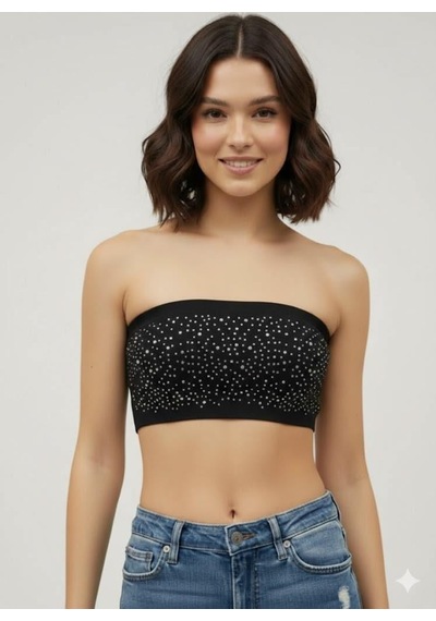 Afri Kadın Siyah Taş Detaylı Straplez Crop Top Esnek Kumaş, Işıltılı Bant Büstiyer Siyah