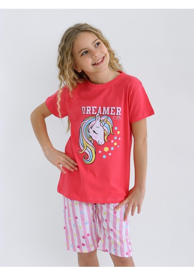 Kız Çocuk Kısa Kollu Kapri %100 Pamuklu Pijama Takımı Dreamer Girl Fuşya