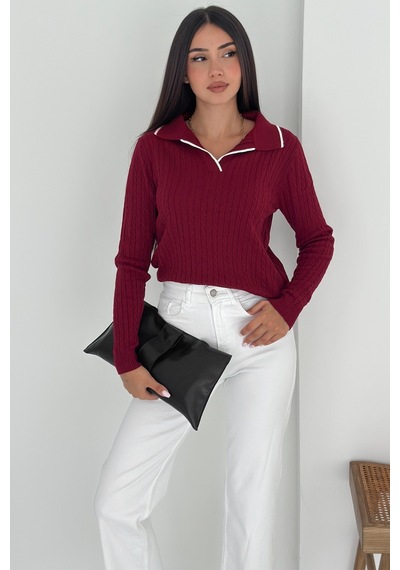 Femelle Kadın Bordo Polo Yaka Standart Beden Triko Bluz
