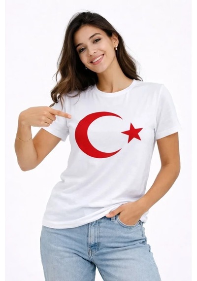 Efnaz Style T-shirt Kısa Kol Bisiklet Yaka Ay Yıldız Bayrak Baskılı Tişört - Beyaz