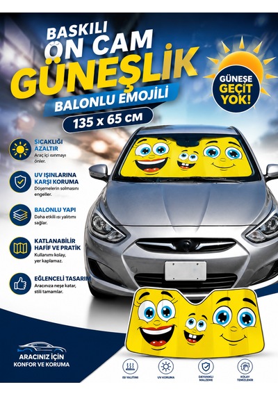Baskılı Ön Cam Güneşlik Balonlu Emojili 135x65cm Görsel Afiş 135x65 Cm