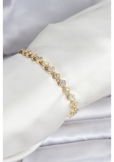 Tua Moda Pirinç Gold Renk Vıp Seri Sıralı Yonca Model Zirkon Taşlı Kadın Bileklik Çok Renkli