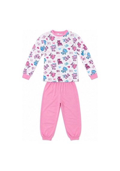 Novalisse Kız Çocuk Premium Penye Kedi Desenli Uzun Kollu Pijama Takımı 2-11 Yaş - Pembe Çoklu Renk