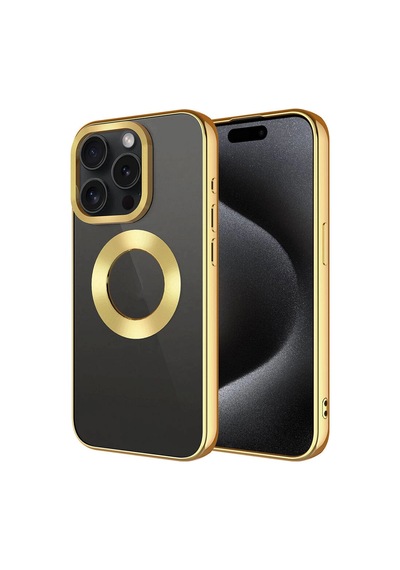 Apple iPhone Uyumlu 15 Pro Kılıf Tek Kamera Çerçeveli Logo Gösteren Zore Omega Kapak Gold