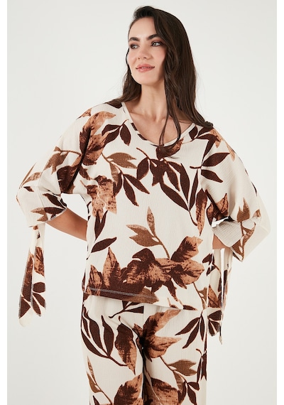 Lela Desenli Regular Fit Truvakar Kol V Yaka Alt-Üst Bayan Takım 5865357 Camel