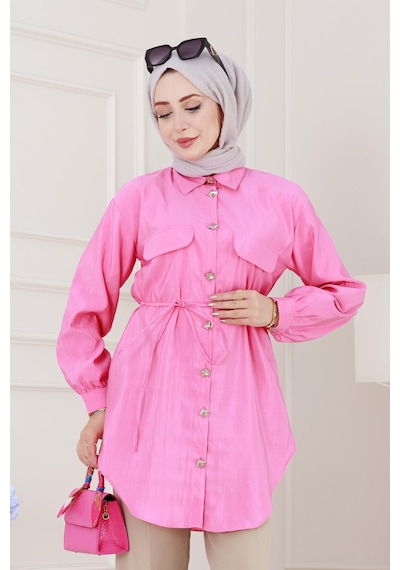 Sevitli Cep Kapaklı Beli Bağcıklı Tunik-pembe-5155 Pembe