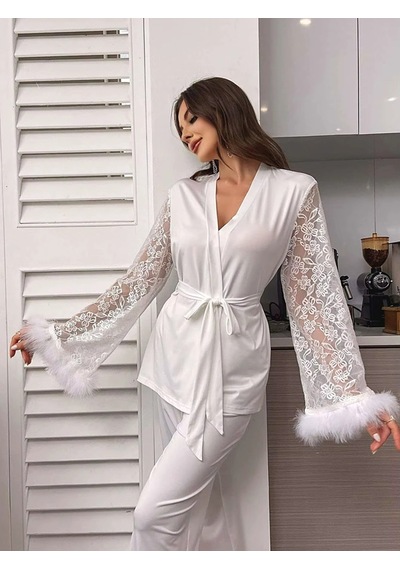 Ece's Design Lüks İpeksi Saten Dantelli Ortiş Tüylü Kadın Pijama Takımı 2 Parça W2012 Beyaz Ece's Design Lüks İpeksi Saten Dantelli Ortiş Tüylü Kadın Pijama Takımı 2 Parça W2012 Beyaz