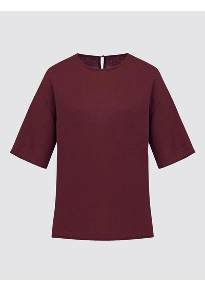 Jimmy Key Bordo %100 Keten Rahat Kesim Kısa Kollu Bisiklet Yaka Bluz 5sw032574562