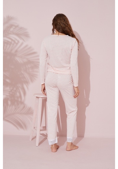 Siyah İnci Dantel Detaylı Pamuklu Örme Pijama Takım 24240148 Somon