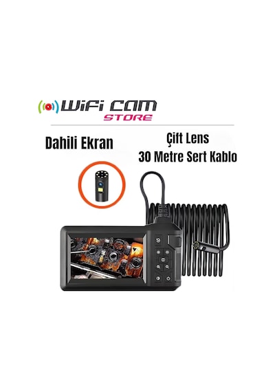30 Metre Endoskop Ekranlı Yılan Kamera 8 Mm Çift Lens 1080p