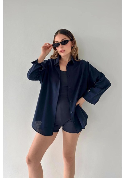 Rouge Basıc Oversize Keten Dokulu %100 Pamuk Salaş Gömlek Lacivert