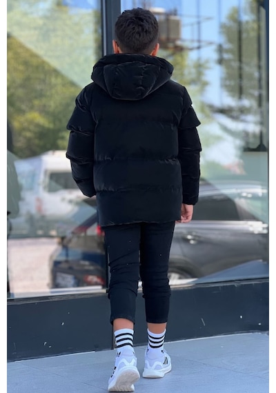Pina Kids Erkek Çocuk Siyah Astarlı Çıkarılabilir Kapüşonlu Üç Cepli Nova Kumaş Kışlık Mont Km4015