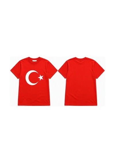 Alglıfe Unısex Çocuk Ay Yıldız Bayraklı Kısa Kol Tişört Kırmızı