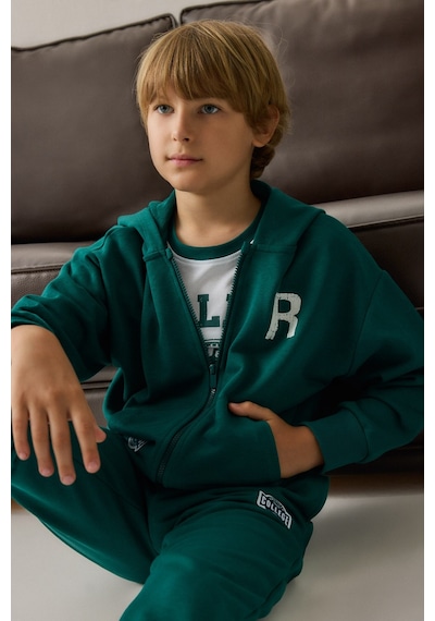 Defacto Pamuklu Regular Fıt Uzun Kollu Baskılı Kapüşonlu Cepli Fermuarlı Sweatshirt Hırka Erkek Çocuk H9848a826augn1116 Yeşil-gn1116